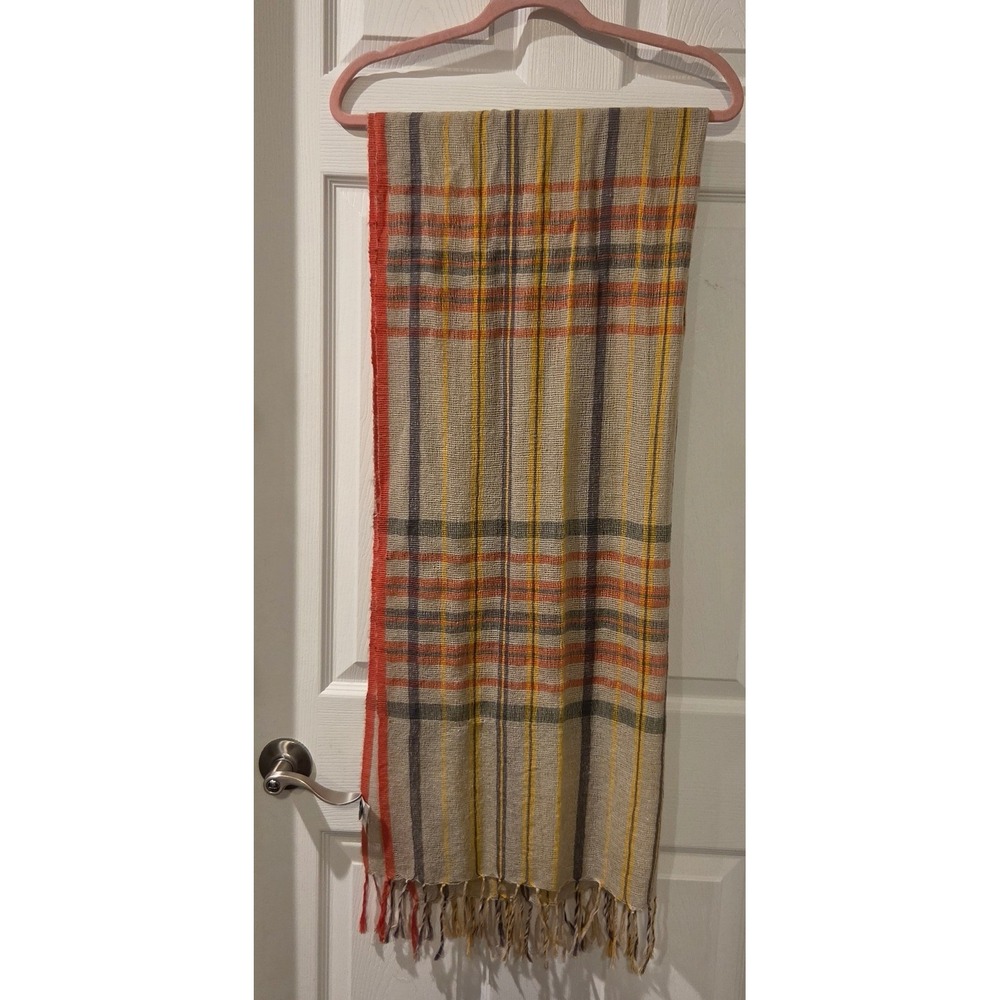 prAna Plaid Fringe Scarf Shawl Wrap Beige Orange Gray Lightweight 60x70